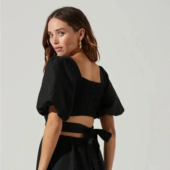 ASTR THE LABEL NWT Black Linen MIDI Cut Out Puff Sleeve Angeles Dress M - Picture 5 of 10